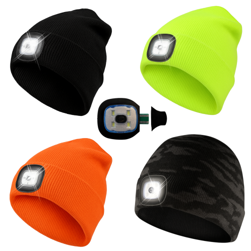 Przejdź do produktu Czapka zimowa męska ocieplana z latarką LED USB Sportowa czarna żółta moro pomarańczowa