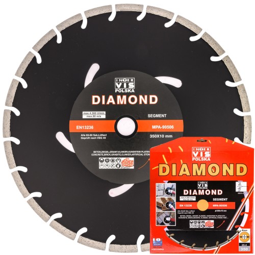 Przejdź do produktu TARCZA DIAMENTOWA TNĄCA DO CIĘCIA BETONU KOSTKI SEGMENT Inter-Vis 350x25,4mm